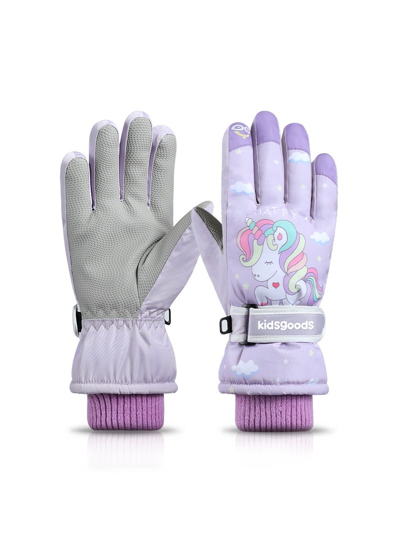 Kids Winter Ski Gloves Warm Waterproof CartoonPurple Pony Purple Pony