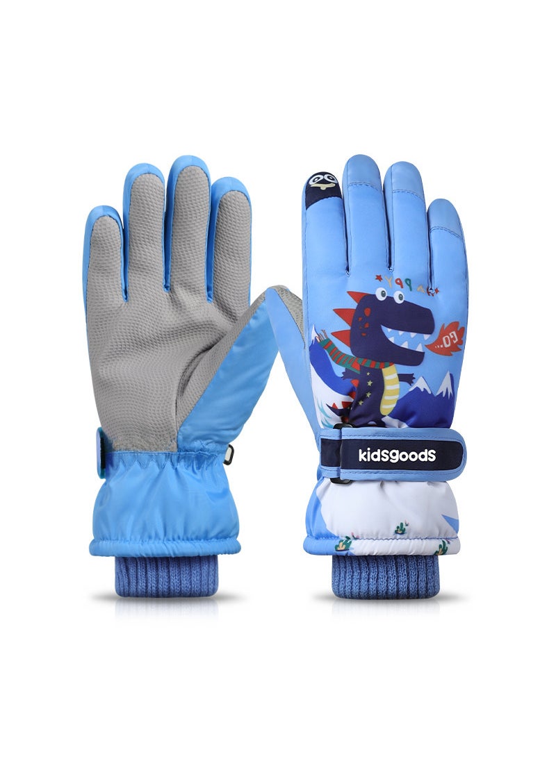 Kids Winter Ski Gloves Warm Waterproof CartoonLight blue fire-breathing dinosaur Light blue fire-breathing dinosaur