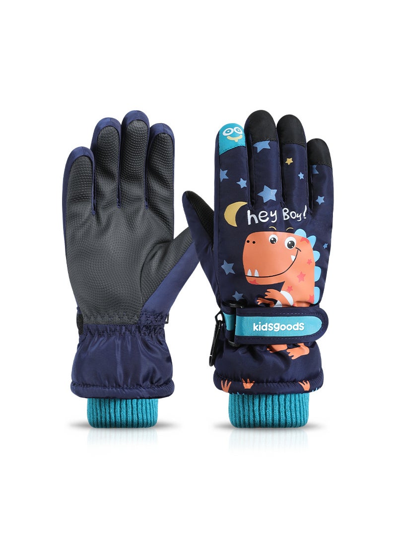 Winter Kids Ski Gloves Coral Fleece Warm WaterproofDark Blue Star Dinosaur Dark Blue Star Dinosaur