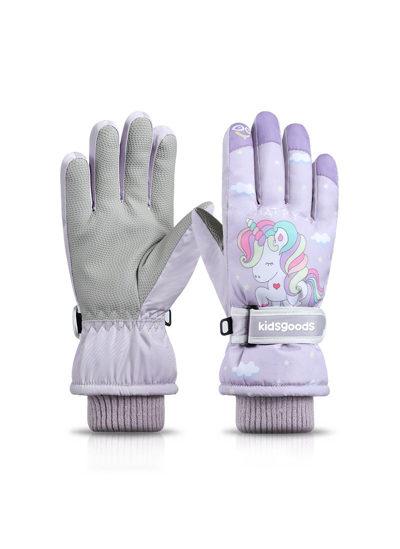 Winter Kids Ski Gloves Coral Fleece Warm WaterproofPurple Pony Purple Pony