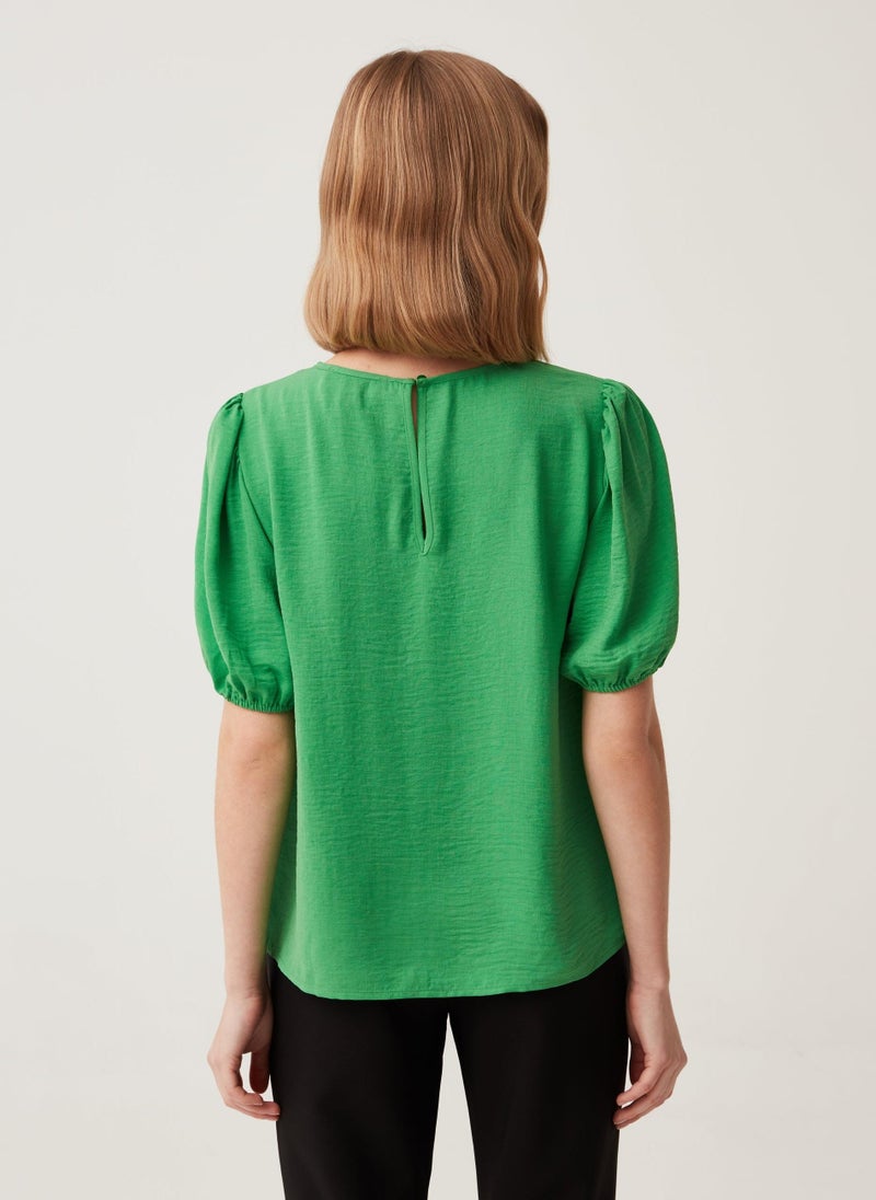 Cotton crêpe blouse with puff sleeves