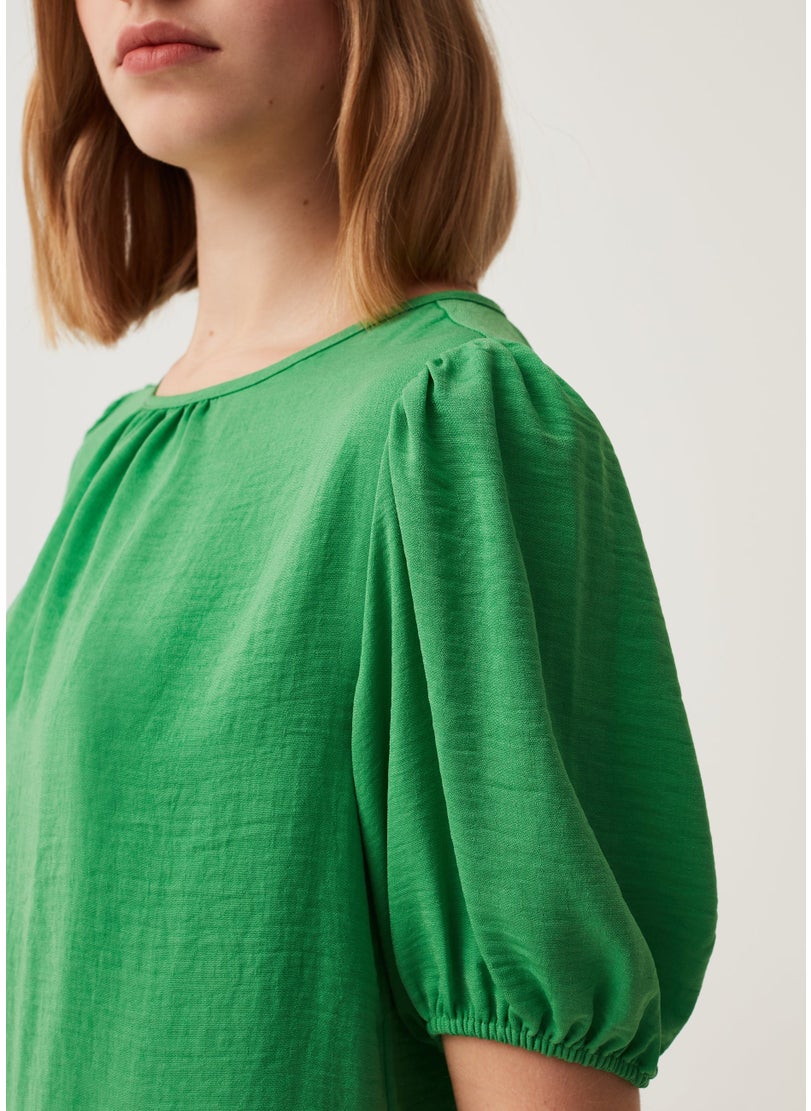 Cotton crêpe blouse with puff sleeves