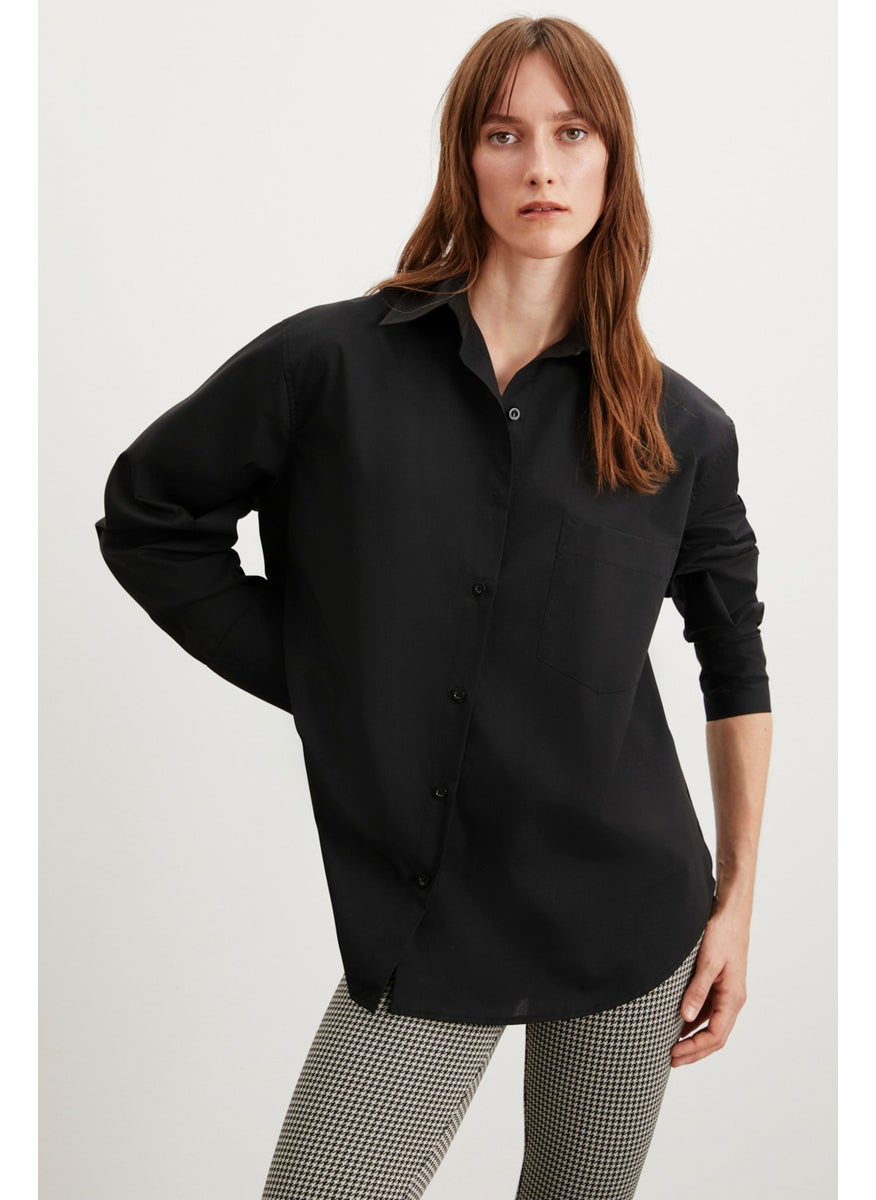 Celia Women's 100% Cotton Oversize Single Pocket Long Black Shirt