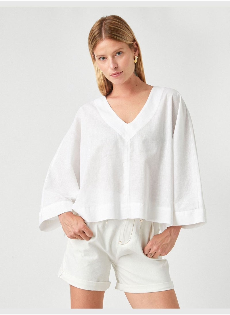 Oversized Blouse V Neck Linen Blended