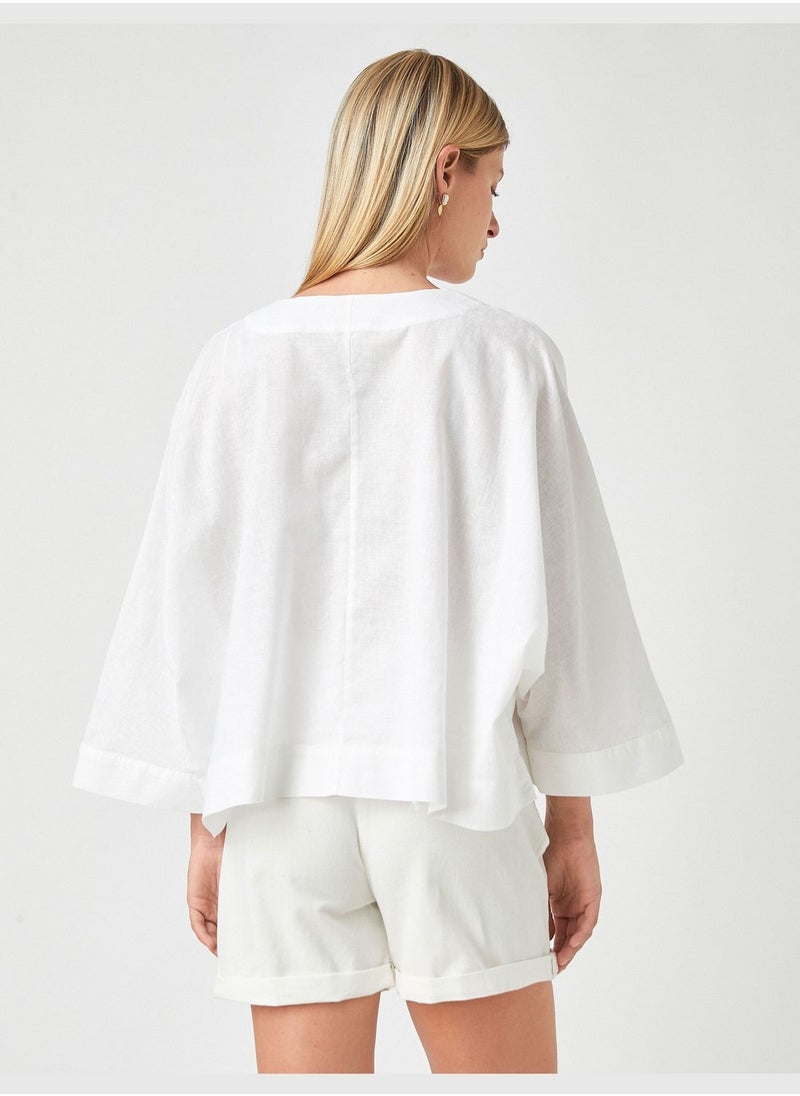 Oversized Blouse V Neck Linen Blended