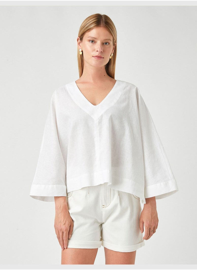 Oversized Blouse V Neck Linen Blended