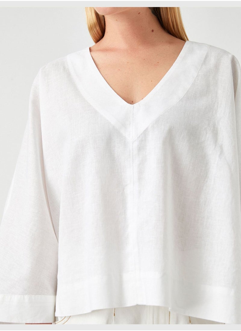 Oversized Blouse V Neck Linen Blended