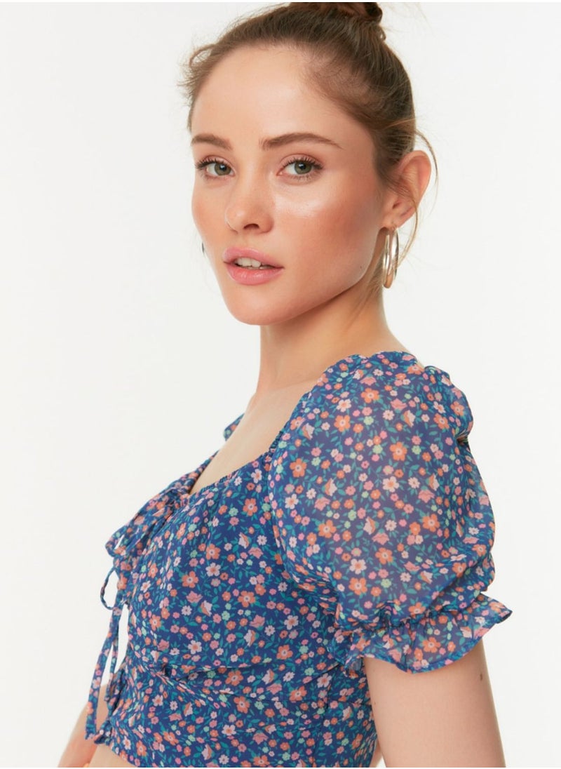 Puff Sleeve Floral Print Crop Top