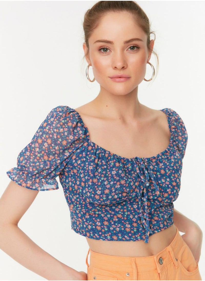 Puff Sleeve Floral Print Crop Top