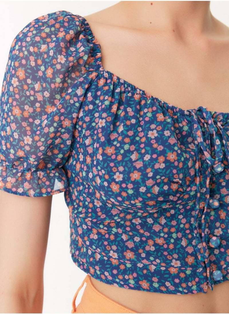 Puff Sleeve Floral Print Crop Top