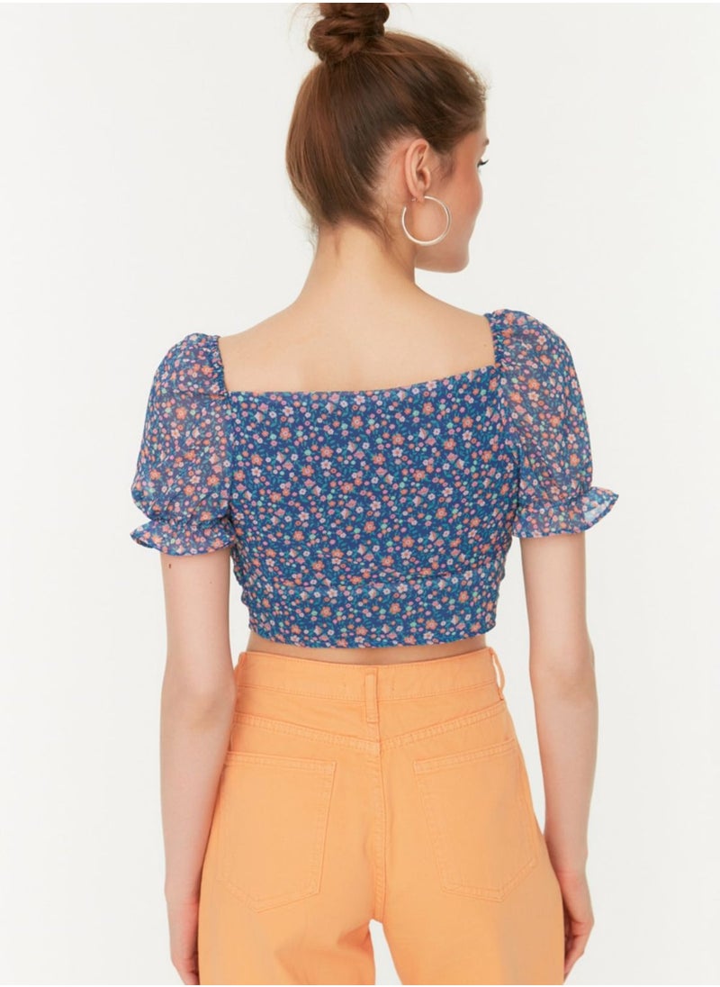 Puff Sleeve Floral Print Crop Top