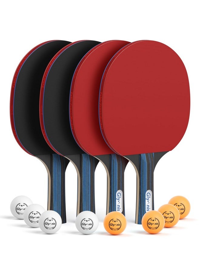 Glymnis Ping Pong Paddles Set of 4 Table Tennis Rackets with 8 Balls, Storage Case for Indoor Outdoor Table Tennis Paddle Game Accessories