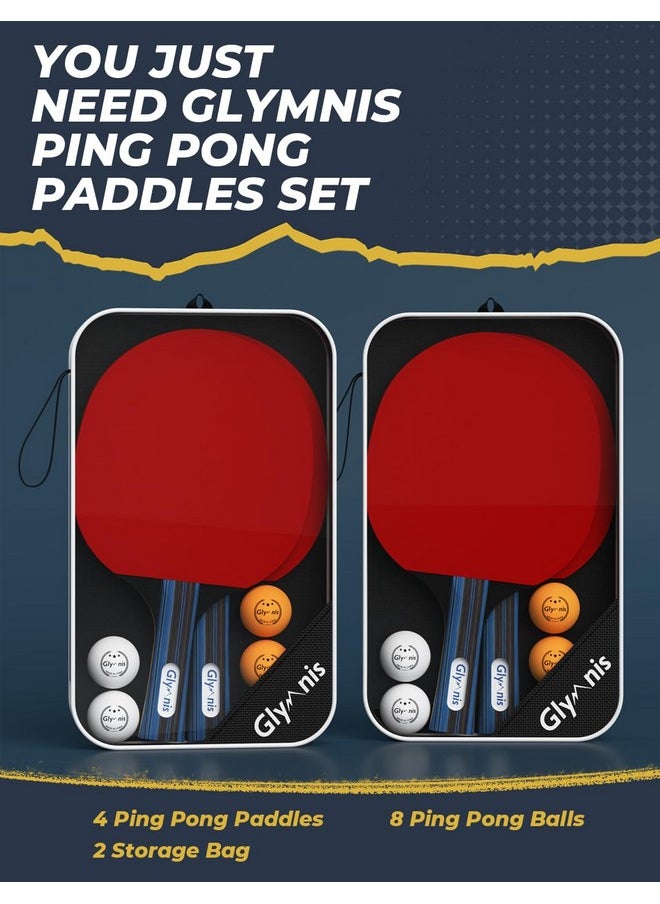 Glymnis Ping Pong Paddles Set of 4 Table Tennis Rackets with 8 Balls, Storage Case for Indoor Outdoor Table Tennis Paddle Game Accessories