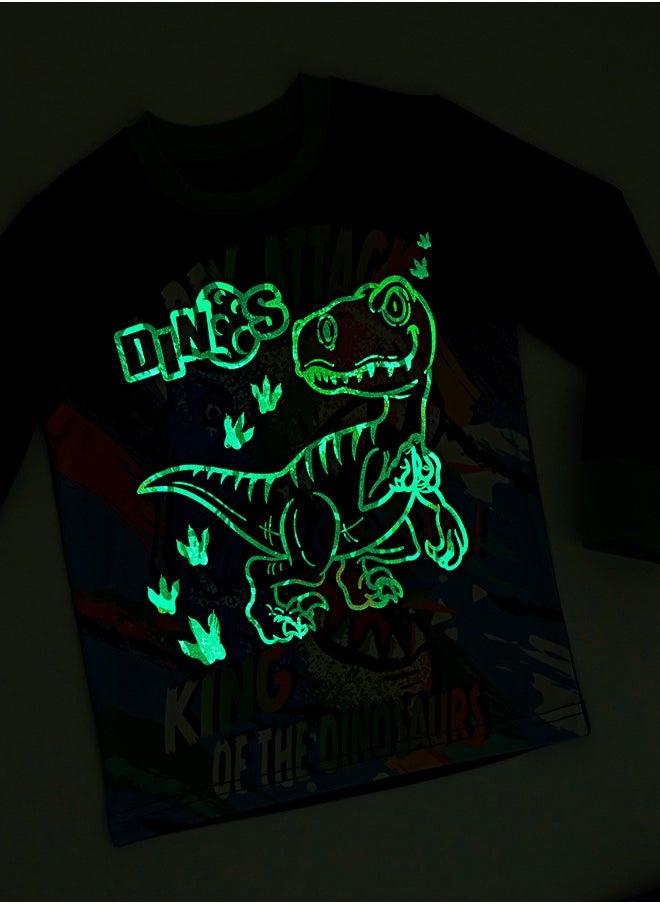 T-Rex Attack Glow-in-the-Dark Cotton Pajama Set for Boys