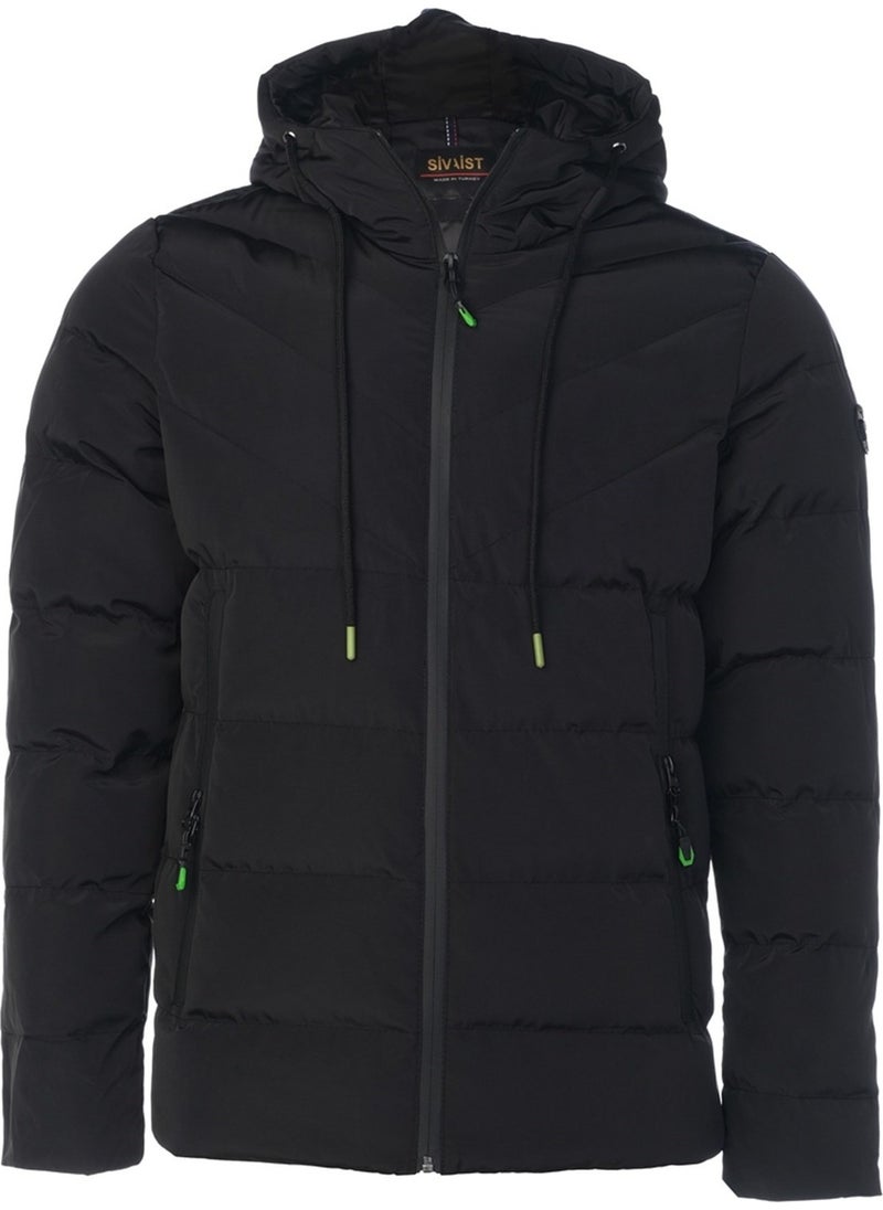 MEN'S BLACK WATER AND WINDPROOF HOODED THICK FUR-LINED PUFF COAT & JACKET