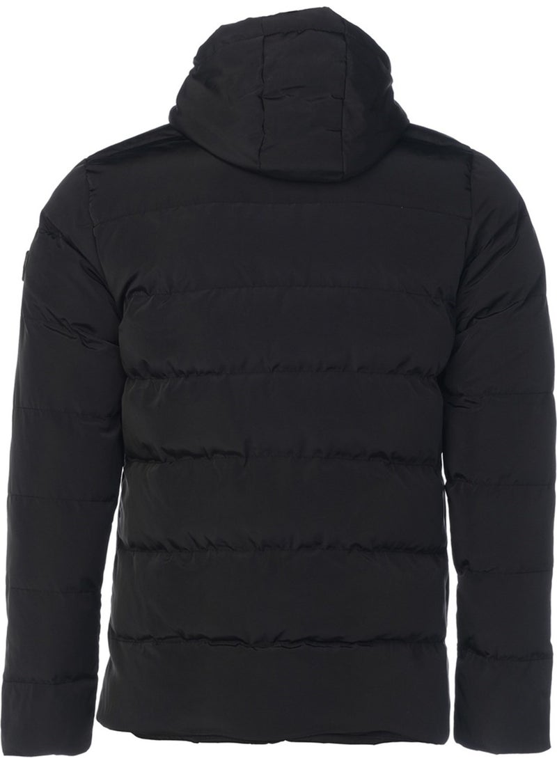 MEN'S BLACK WATER AND WINDPROOF HOODED THICK FUR-LINED PUFF COAT & JACKET