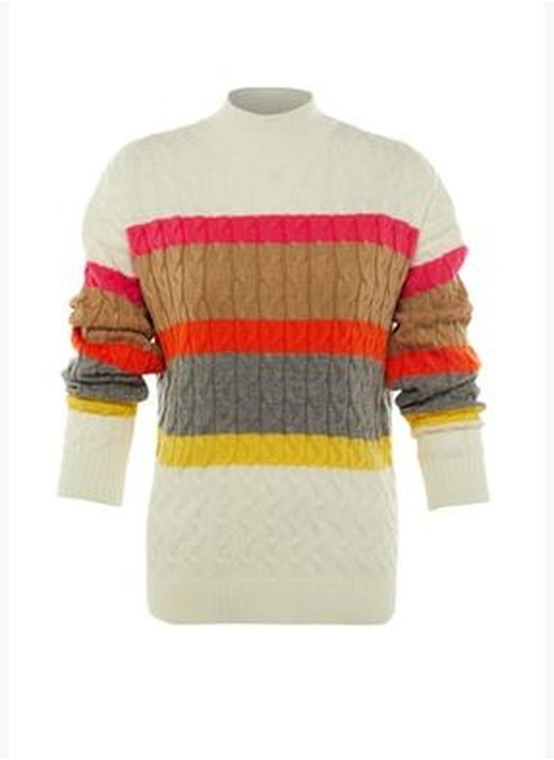 Ecru Knit Detailed Color Block Knitwear Sweater TWOAW23KZ00605