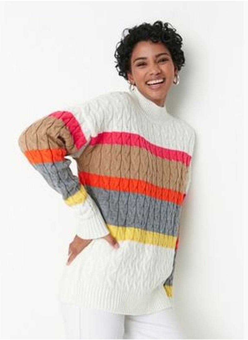 Ecru Knit Detailed Color Block Knitwear Sweater TWOAW23KZ00605