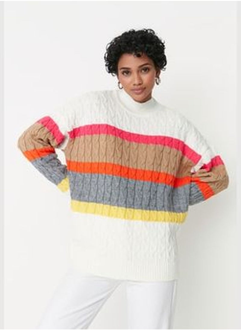 Ecru Knit Detailed Color Block Knitwear Sweater TWOAW23KZ00605