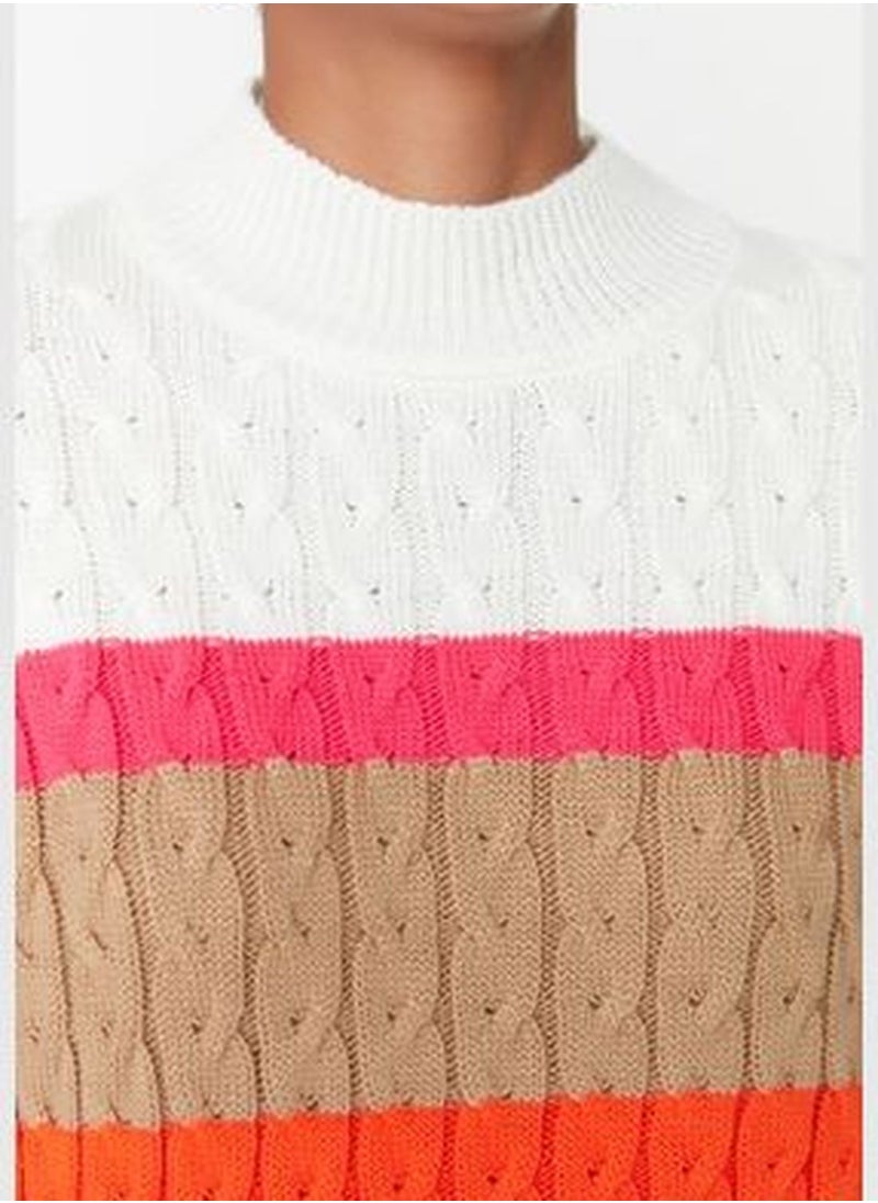 Ecru Knit Detailed Color Block Knitwear Sweater TWOAW23KZ00605