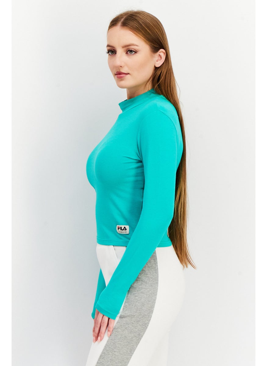 Women Sportswear Fit High Neck Long Sleeve Cropped T-Shirt, Teal