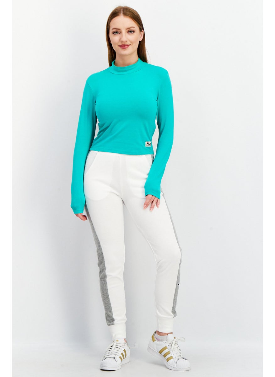 Women Sportswear Fit High Neck Long Sleeve Cropped T-Shirt, Teal