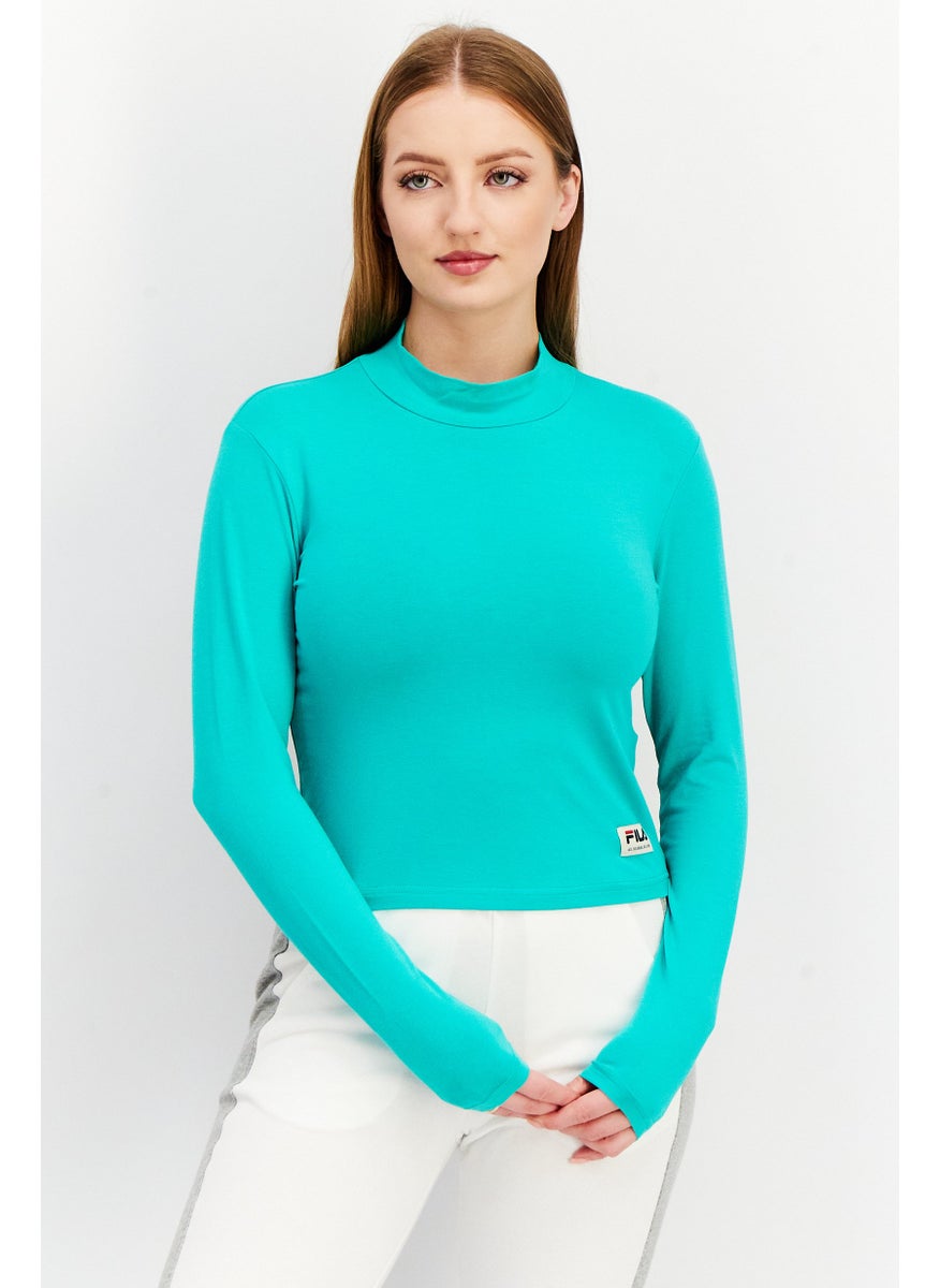 Women Sportswear Fit High Neck Long Sleeve Cropped T-Shirt, Teal