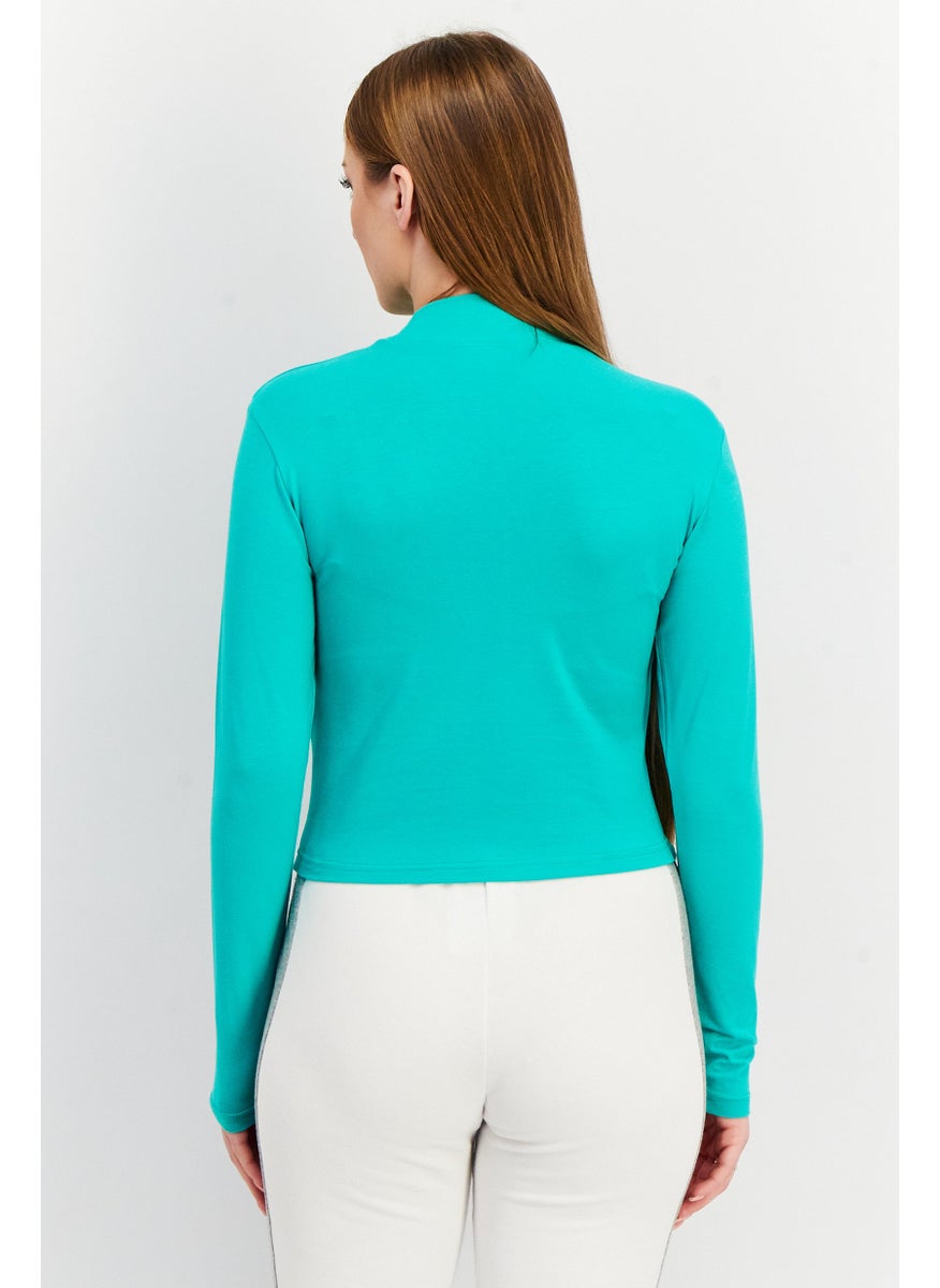Women Sportswear Fit High Neck Long Sleeve Cropped T-Shirt, Teal
