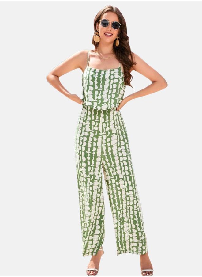 Green Printed Shoulder Straps Cotton Basic Jumpsuit