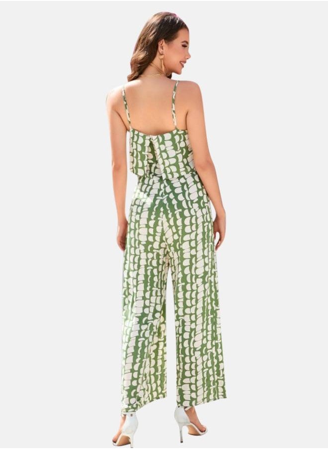 Green Printed Shoulder Straps Cotton Basic Jumpsuit