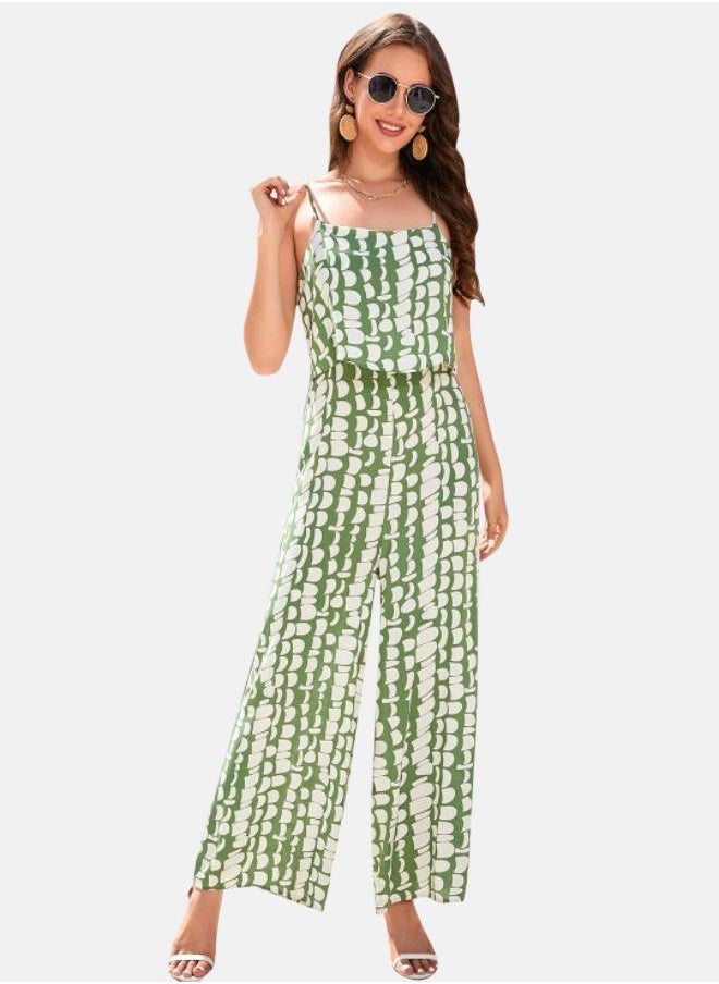 Green Printed Shoulder Straps Cotton Basic Jumpsuit