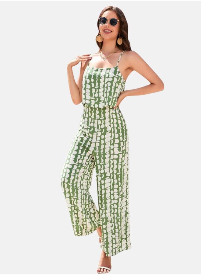 Green Printed Shoulder Straps Cotton Basic Jumpsuit