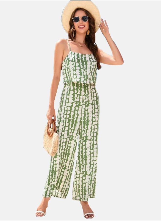 Green Printed Shoulder Straps Cotton Basic Jumpsuit