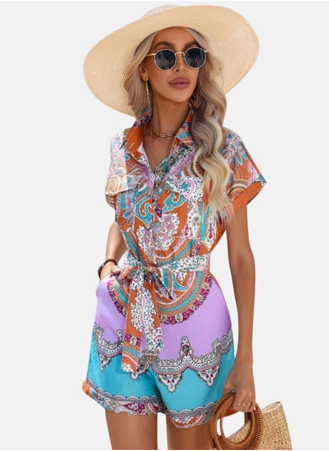 Purple Ethnic Motifs Printed Shirt Collar Playsuit