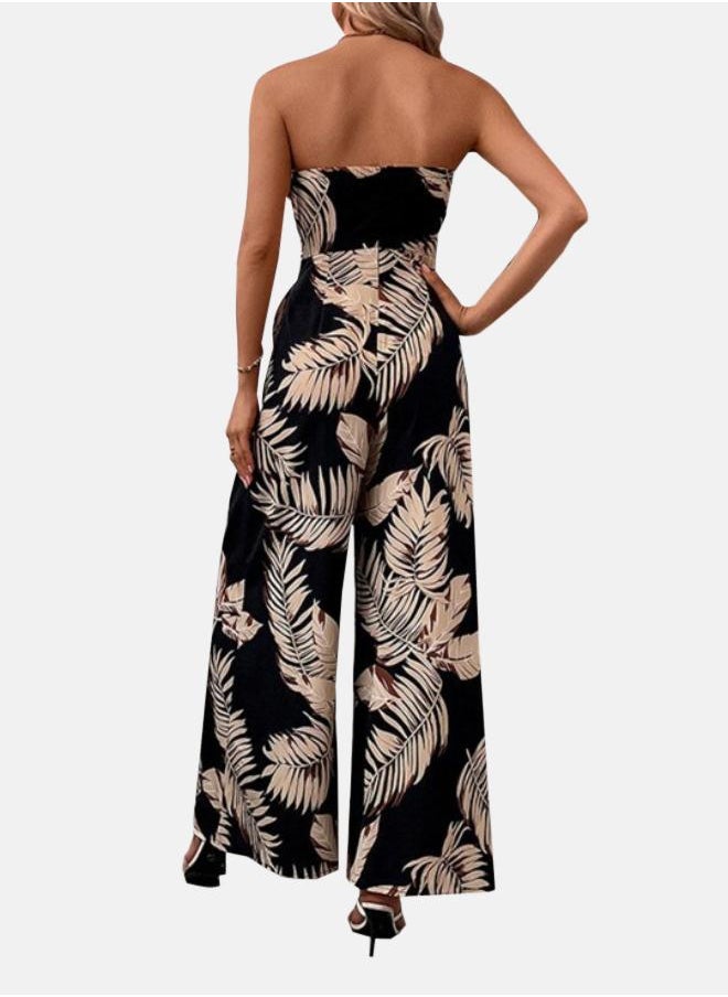 Black Off-Shoulder Printed Tie-Up Neck Basic Jumpsuit