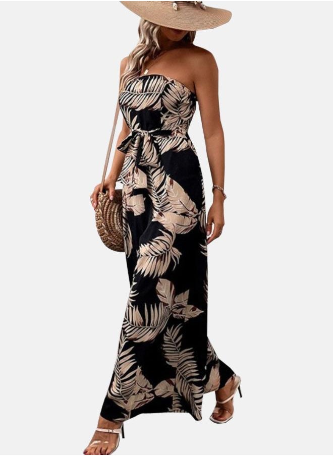 Black Off-Shoulder Printed Tie-Up Neck Basic Jumpsuit