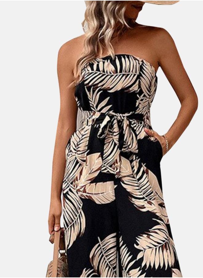 Black Off-Shoulder Printed Tie-Up Neck Basic Jumpsuit