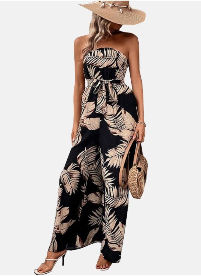 Black Off-Shoulder Printed Tie-Up Neck Basic Jumpsuit