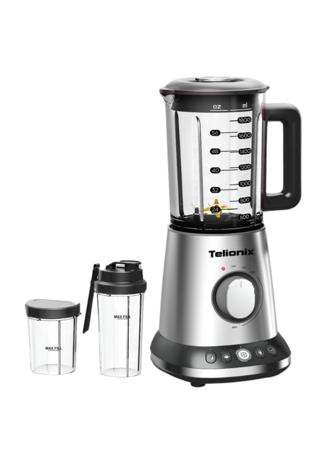 Blender 1.8L Glass Jar, 1500W Motor, 5 Pre-Programmed Settings, Variable Speeds & Pulse, 700ml & 500ml PC Bottles, Stainless Steel Housing