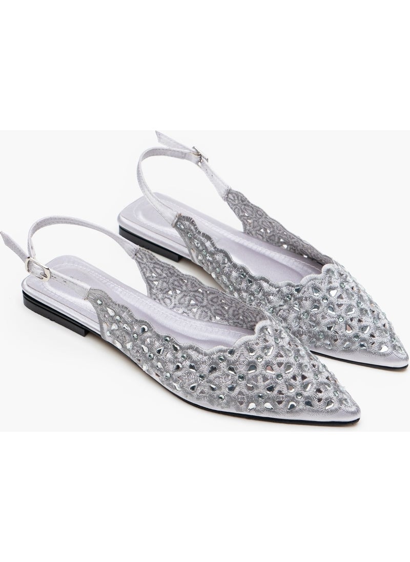 Garnet Silver Satin Embroidery Detail Flat Sole Women's Ballet Flats