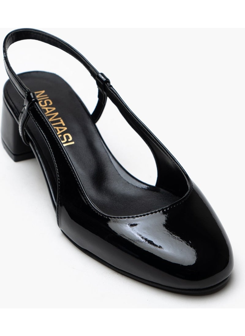 Ophelia Black Patent Leather Rubber Detail Short Heeled Women's Ballerinas