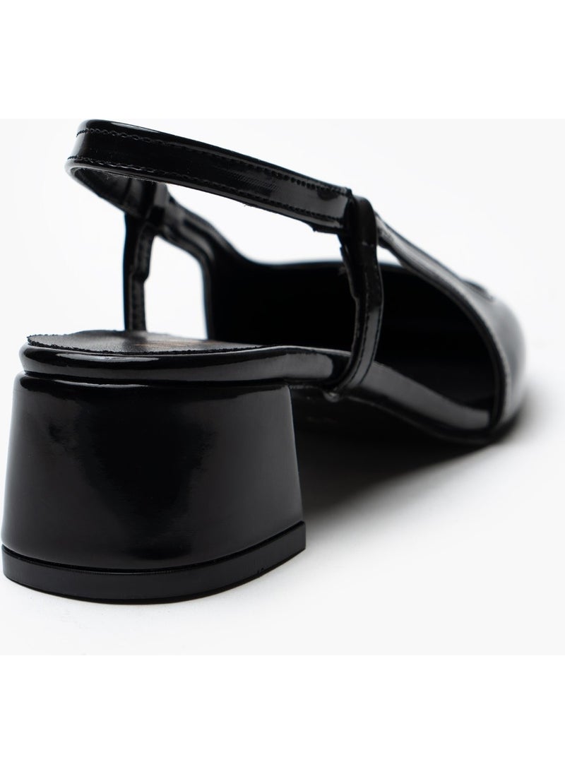 Ophelia Black Patent Leather Rubber Detail Short Heeled Women's Ballerinas