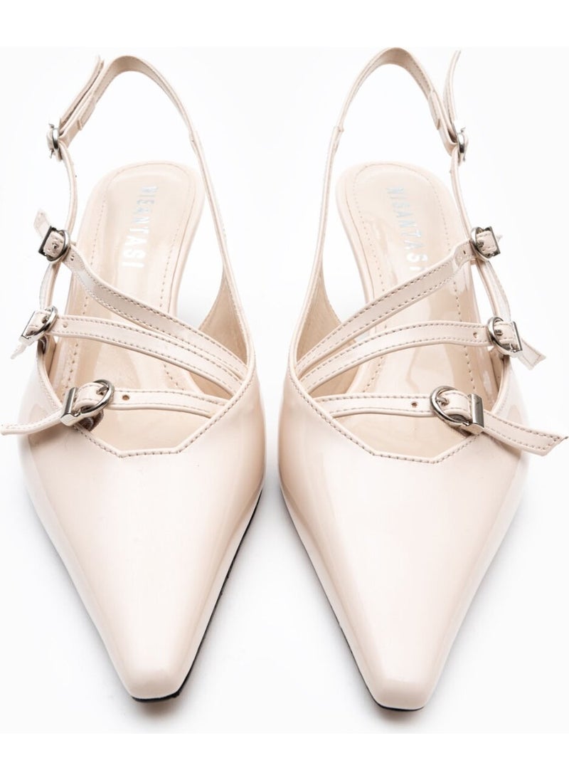 Cameron Beige Patent Leather Belt Detailed Ankle-Tied Women's Heeled Shoes