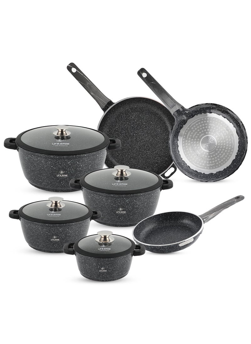 Cookware Set 19 pieces - LIFE SMILE Pots and Pans set Granite Non Stick Coating 100% PFOA FREE, Induction Base Cooking Set include Casseroles & Fry Pans