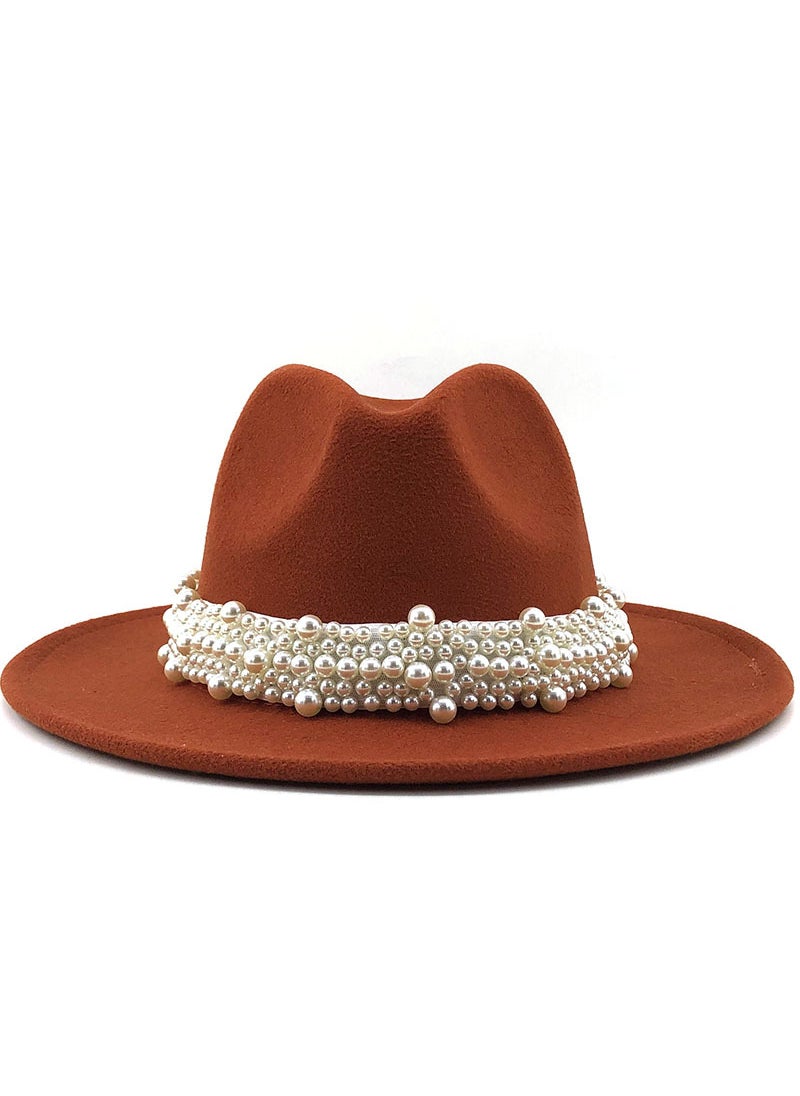 Elegant British Style Pearl Fedora Hat for WomenCaramel Caramel