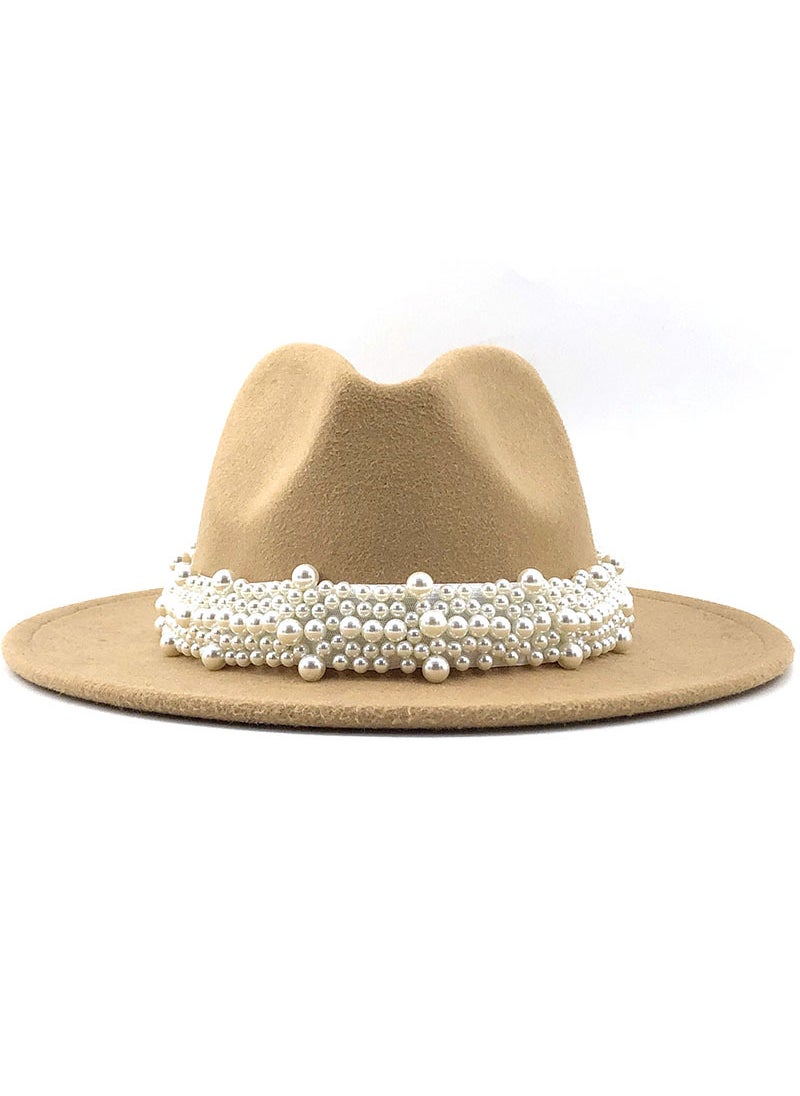 Elegant British Style Pearl Fedora Hat for WomenCAMEL CAMEL