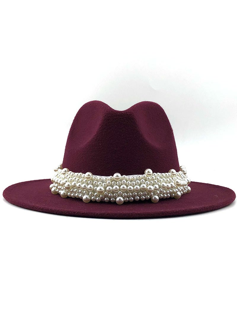 Elegant British Style Pearl Fedora Hat for WomenBurgundy Burgundy