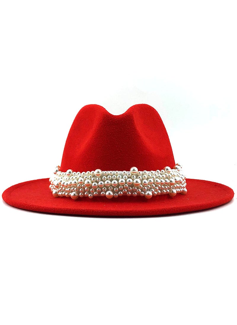 Elegant British Style Pearl Fedora Hat for WomenRed Red