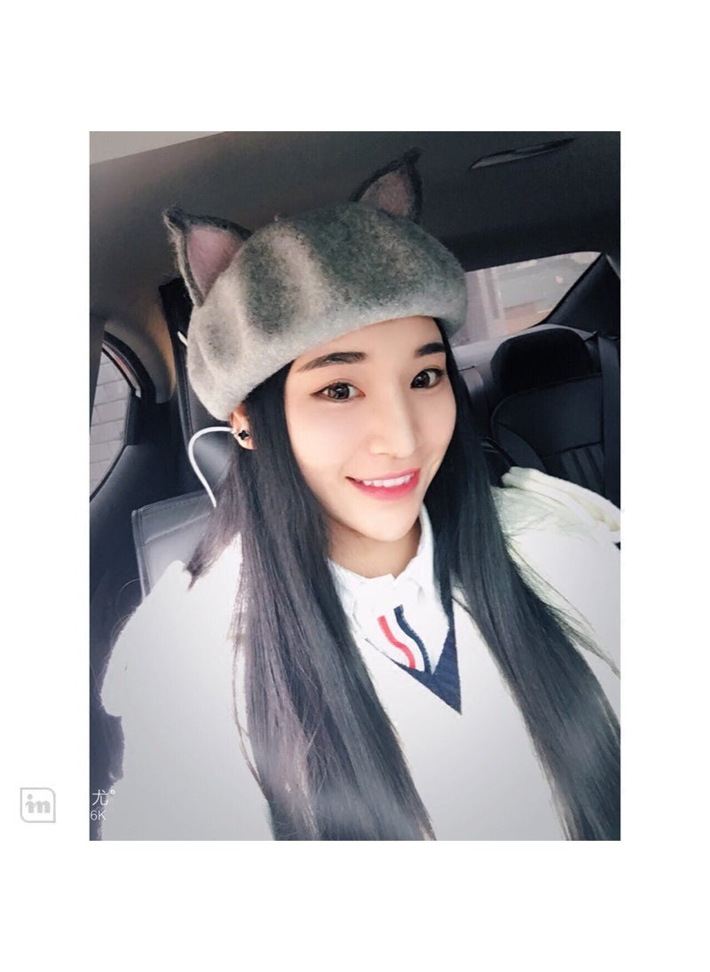 Parent-Child Wool Beret Cat Ears Artist CapLight gray Light gray