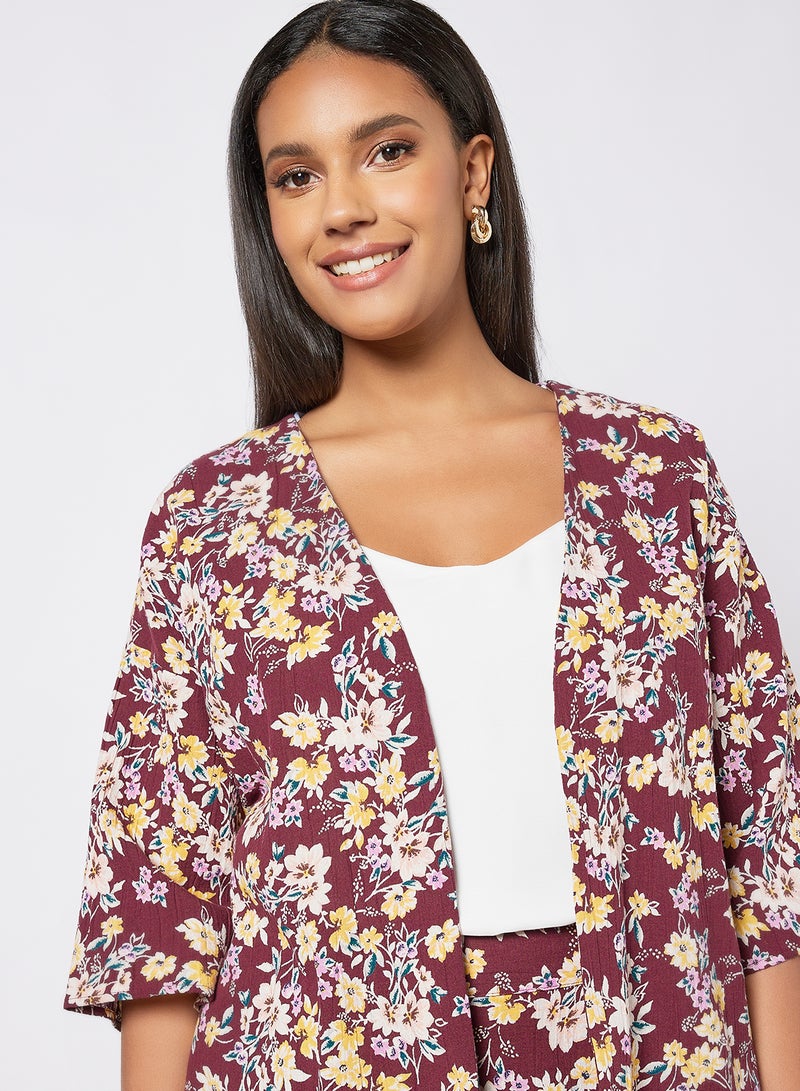 Floral Short Kimono Burgundy